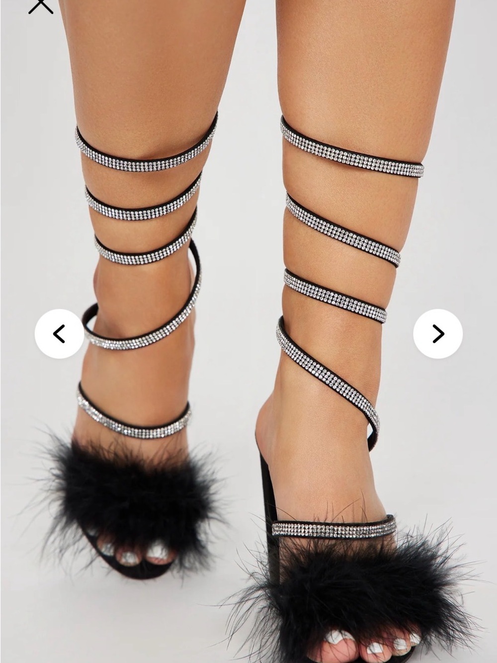 Fashion Nova Black Feathered Crystal Wrap Heels